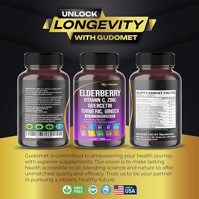 Elderberry Quercetin Bilberry Turmeric Tart Cherry D3 Zinc -150 Capsules-
