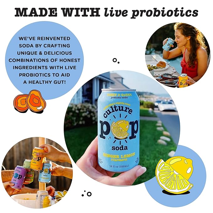 Culture Pop Soda, Ginger Lemon & Turmeric, Probiotic Low Sugar Soda, Sparkling Juice Alternative, Non-GMO, Kosher, Gluten-Free, No Stevia (12pk)