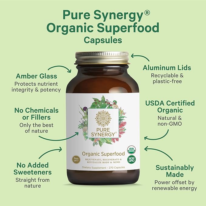 PURE SYNERGY Superfood Capsules | Organic Superfood & Greens Supplement | Whole Food Capsules with Super Greens, Spirulina, & Mushrooms | for Energy, Healthy Aging & Immune Health (270 Capsules)