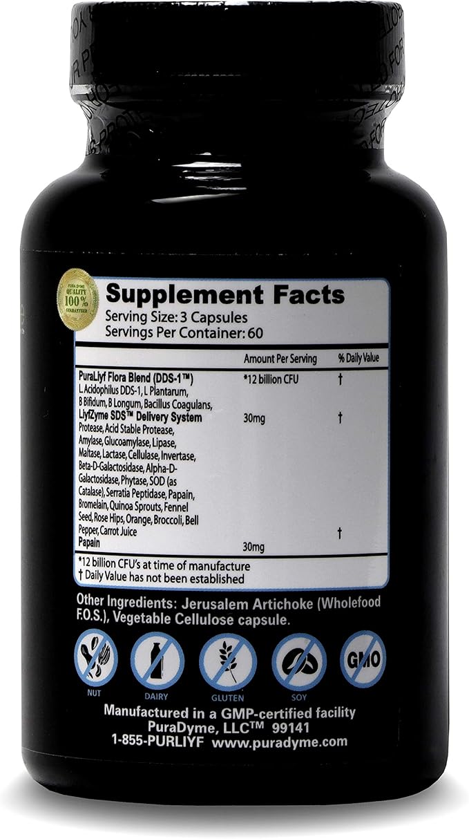 PuraDyme PuraLiyf Digestive Enzymes with Probiotics 180 Capsules