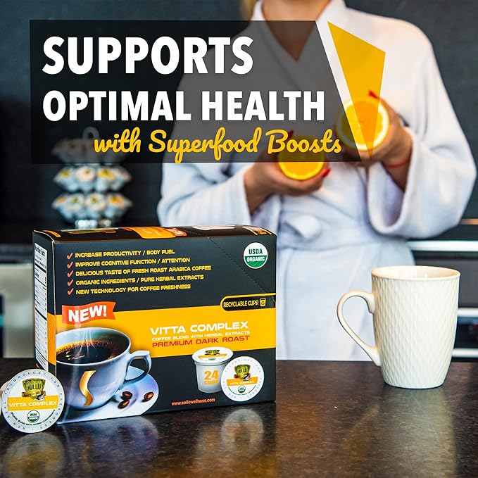 Sollo VITTA Dark Roast, Organic Coffee Pods - Enhanced with Vitamins B & D3 for Immunity Support, USDA Certified, Compatible with Keurig 2.0 K-Cup Brewers, 24 Ct