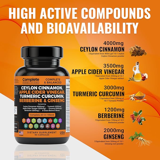 Ceylon Cinnamon Capsules 4000mg with Berberine 1200mg, Apple 3500mg, Turmeric 3000mg, Ginseng 2000mg, Zinc,