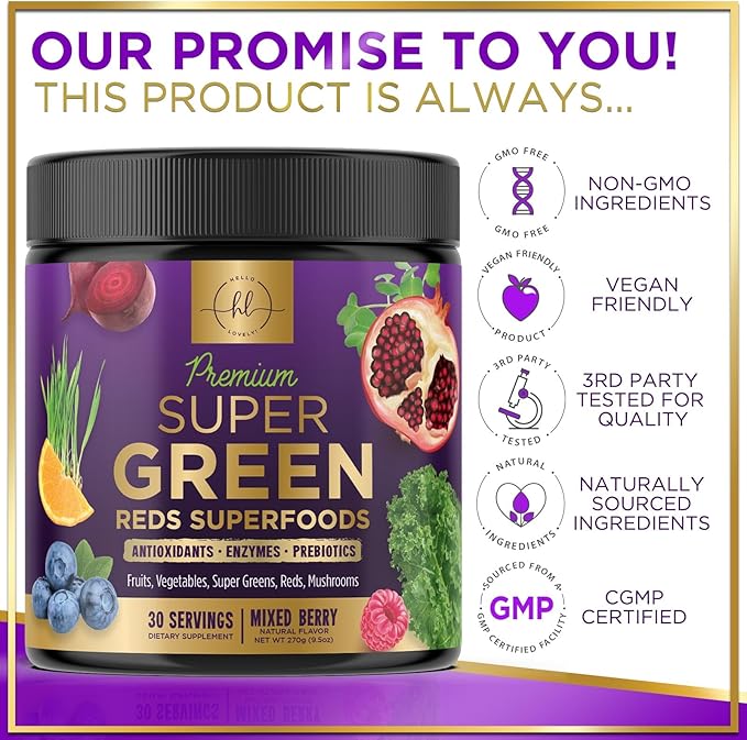 Greens Superfood Powder - Super Greens Powder Mix with Digestive Enzymes, Antioxidants, Spirulina & Chlorella for Energy Support, 20+ Amazing Superfoods & Greens Blend, Vegan, Non-GMO - 30 Servings