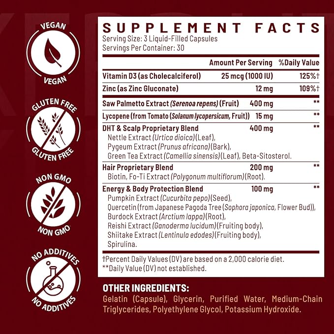DHT Blocker for Men | Hair Growth Supplement with Saw Palmetto & Biotin - Hair Growth Vitamins - Hair Regrowth - Natural Hair Loss Supplements Liquid-Filled - Proprietary Herbal Blends (90 Capsules)