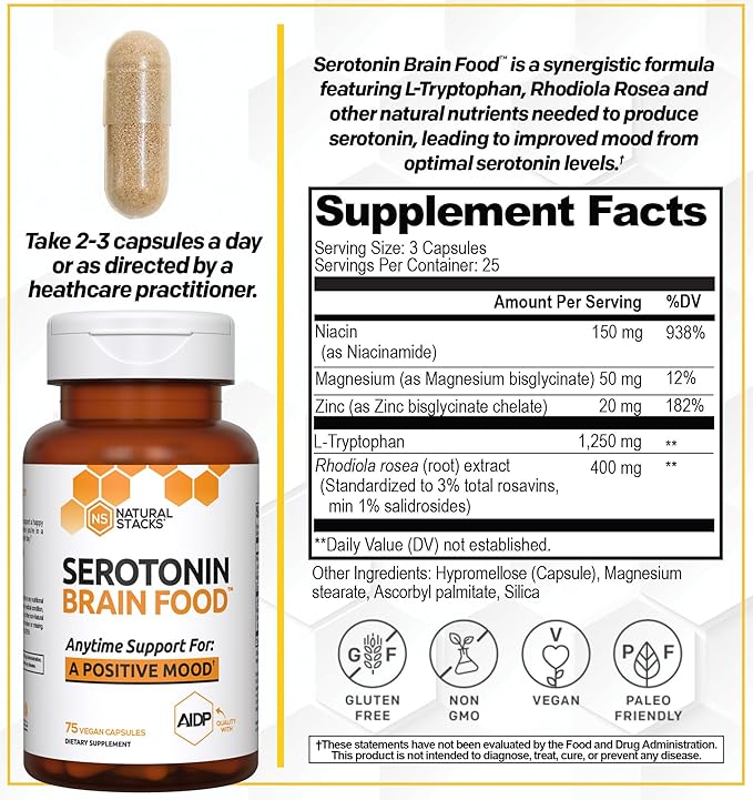 NATURAL STACKS Serotonin Brain Food w/L-Tryptophan & Rhodiola Rosea - Mood Support Supplement - Promotes Positive Mood, Calmness, Stress Relief - Happy Mood & Brain Support Supplement - 75 Capsules