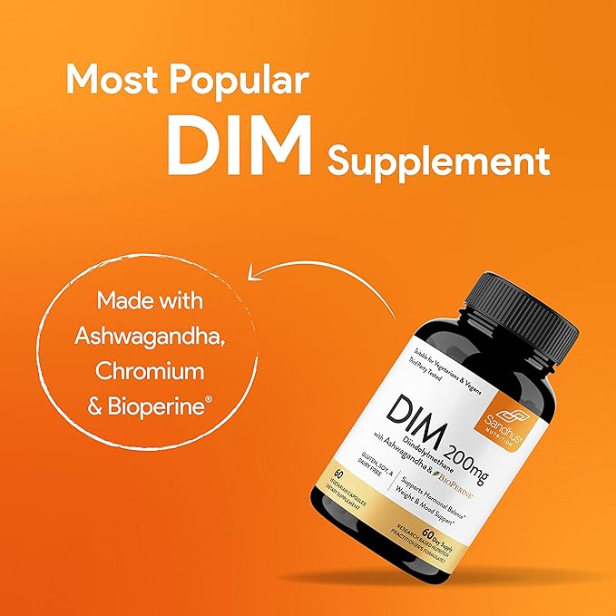 Sandhu's DIM Supplement 200 mg -60 Capsules - Diindolymethane with Ashwagandha & Bioperine Hormone Balance for Women & Men, Hormonal Acne Supplements