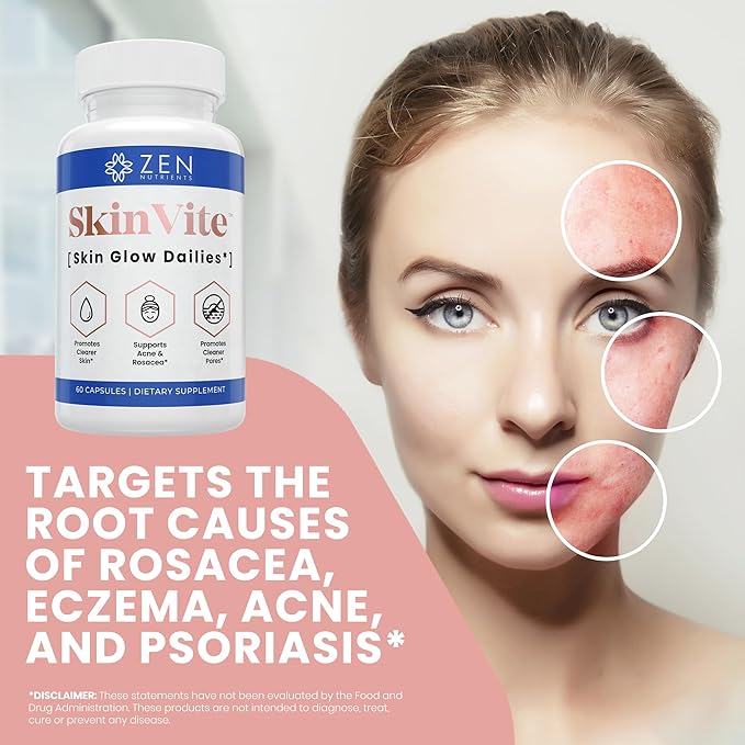Zen Nutrients SkinVite Natural Skin Supplement for Women, Men & Teens- Hormonal Skin Treatment & Clear Skin Support Supplement - Detoxifying Vitamin for Clear Skin, Acne and Digestion Support