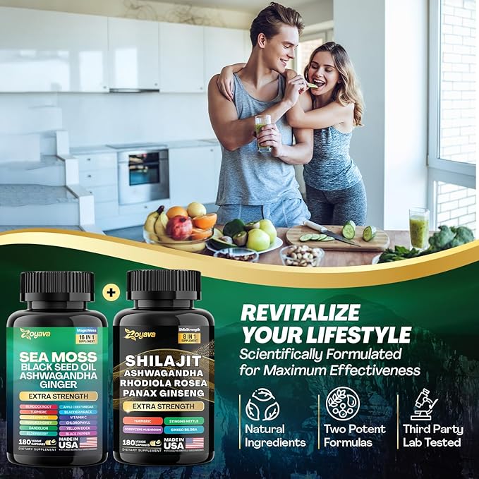 Zoyava Dynamic Vitality Bundle, Sea Moss 7000mg, Black 4000mg, Ashwagandha 2000mg, Ginger 9000mg, Rhodiola 1000mg, Panax (3 Pack)