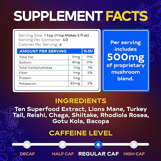 Wixar Nootropics Mushroom Coffee - Ten Superfood Extract Instant Coffee Powder with Lions Mane, Turkey Tail, Reishi, Chaga, Shiitake, Rhodiola Rosea, Gotu Kola, Bacopa - 5oz Mushrooms Supplement