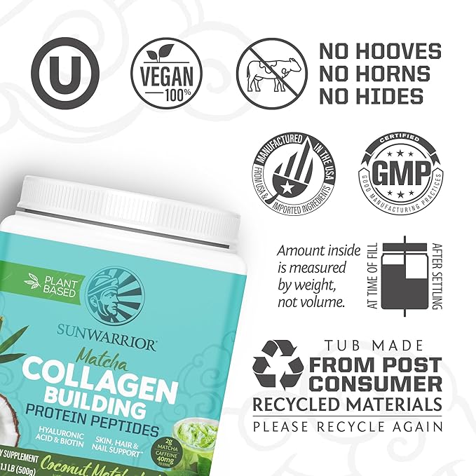 Sunwarrior Vegan Collagen Building Peptides Plant-Based Protein Powder with Hyaluronic Acid & Biotin for Hair Skin Nail Support Non-GMO Dairy Sugar Free Low Carb | Coconut Matcha Latte 20 Servings