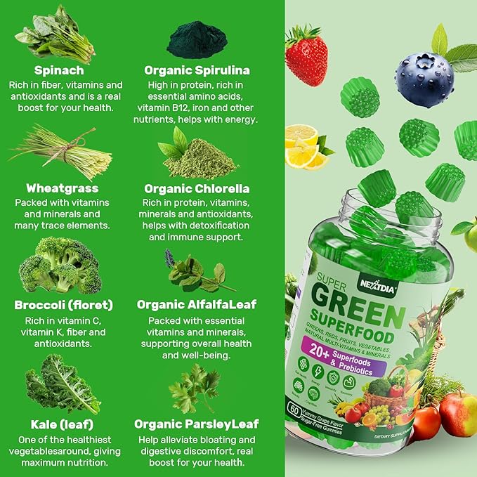 Super Greens Gummies, Greens Superfood Powder Alternative w/Spirulina, Chlorella, Prebiotic Fiber, Probiotic, Fruit Veggie, Daily Greens Vegetable for Digestive & Gut Health, Immunity, Focus, 120 Cts