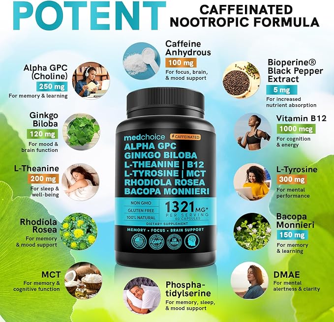 12-in-1 Nootropic Brain Supplement with Caffeine B12, Alpha 1321mg (60ct) (60ct)