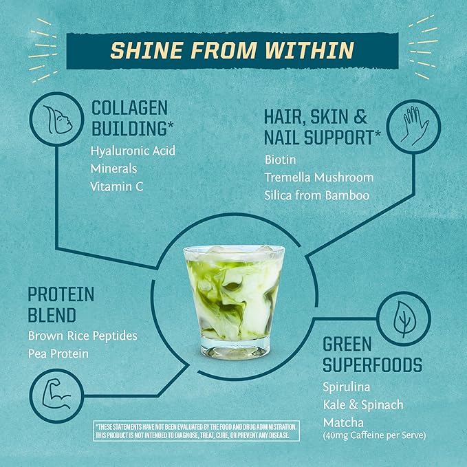 Sunwarrior Vegan Collagen Building Peptides Plant-Based Protein Powder with Hyaluronic Acid & Biotin for Hair Skin Nail Support Non-GMO Dairy Sugar Free Low Carb | Coconut Matcha Latte 20 Servings