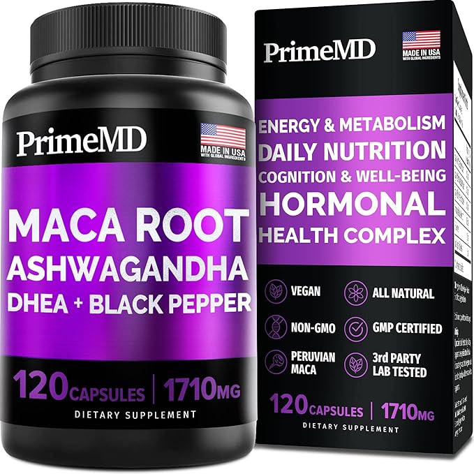 6-in-1 Organic Maca Root & Ashwagandha 1710mg w/DHEA Supplement,120 Capsules (40 Servings)