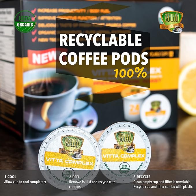 Sollo VITTA Dark Roast, Organic Coffee Pods - Enhanced with Vitamins B & D3 for Immunity Support, USDA Certified, Compatible with Keurig 2.0 K-Cup Brewers, 24 Ct