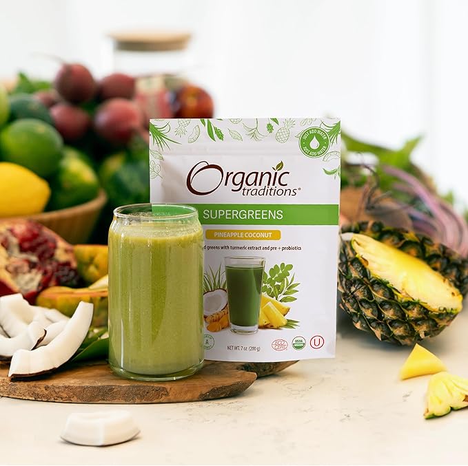 Organic Traditions Super Greens Powder Superfood with Turmeric, Pineapple Coconut Flavored Organic Greens Superfood Powder, 200g / 7oz Bag