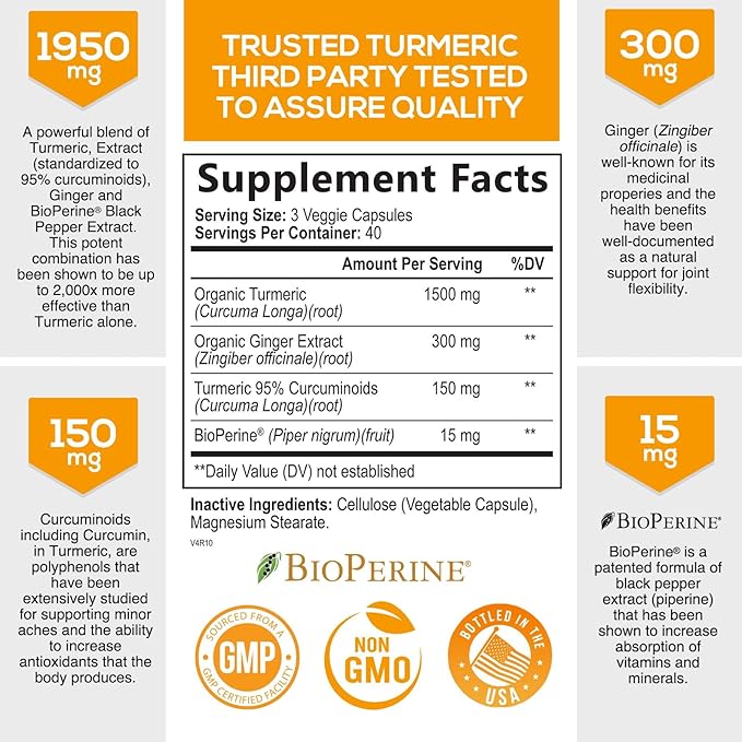 Turmeric Curcumin with BioPerine & Ginger 95% Curcuminoids 1950mg - 120 Capsules
