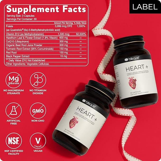 Blisque – Natural Blood Pressure Support Supplement for Heart Health and Circulation | Doctor-Approved | with 200 mg CoQ10, Hawthorn Berry, Beet Root, Turmeric | 90 Capsules