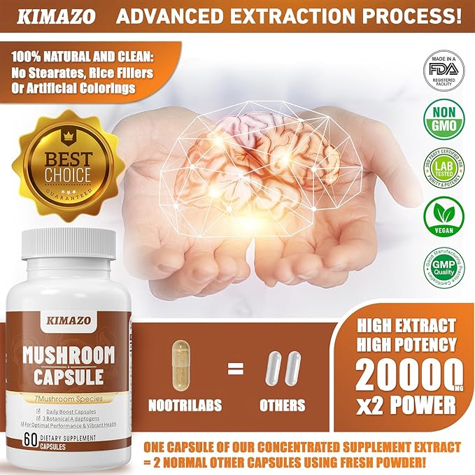 KIMAZO Lions Mane Supplement, Focus & 7 Different 100% Fruiting Mycelium(20 Days 60 Count)