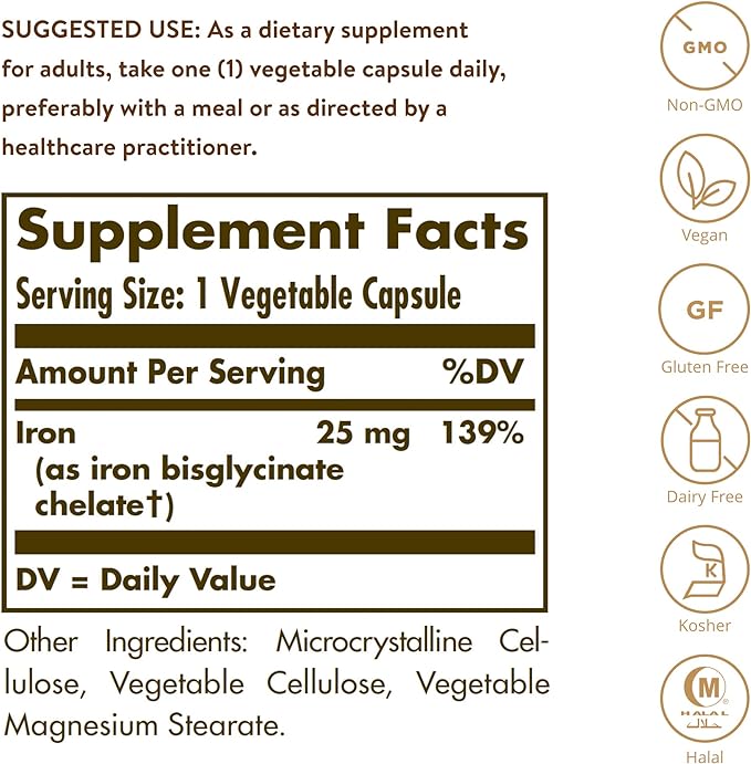 Solgar Gentle Iron, 240 Vegetable Capsules - Ideal for Sensitive Stomachs - Non-Constipating - Red Blood Cell Supplement - Non GMO, Vegan, Gluten Free, Dairy Free, Kosher - 240 Servings