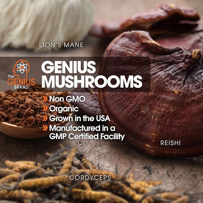 The Genius Brand - Genius Mushroom Supplement - Lion's Mane, Cordyceps, Reishi - Brain Nootropic for Energy, Focus, Overall Wellness, & Immune Support, 180 Veggie Pills