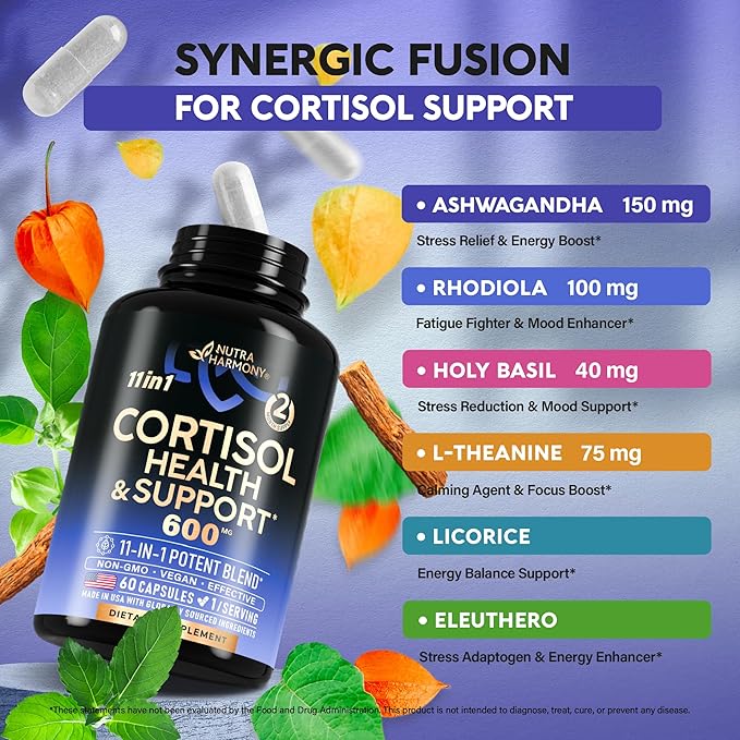 Cortisol Supplement - 11-in-1 Hormone Balance 600 mg 60 Capsules, 2 Month