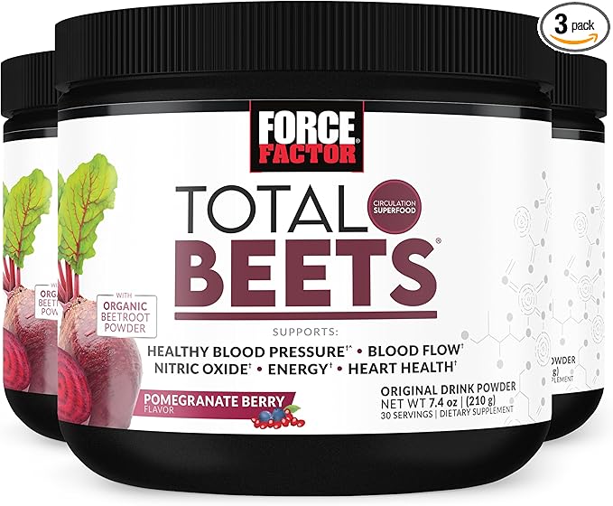 Force Factor Total Beets Drink Mix Superfood Powder with Nitrates to Support Circulation, Nitric Oxide, Energy, Endurance, and Stamina, Cardiovascular Heart Health Supplement, 90 Servings, 3-Pack