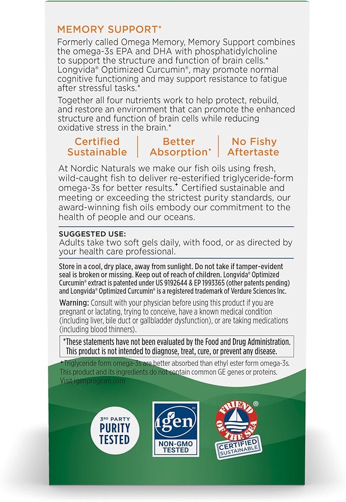 Nordic Naturals Omega Memory with Curcumin, Lemon 60 Soft 1000 mg Omega-3 + 400 mg 30 Servings
