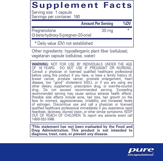 Pure Encapsulations Pregnenolone - 30 mg - Hormone Support - Memory Support & Brain Supplement - Gluten Free & Vegan - 180 Capsules