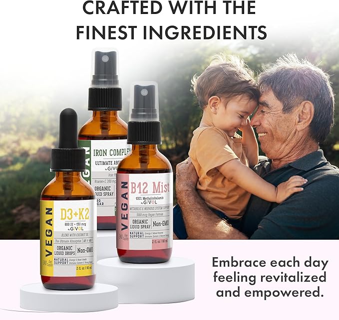Energy & Vitality Bundle Liquid Vitamin B12 Methylcobalamin, D3 (Lichen) K2 (MK4 (MK4 & MK7), Non-GMO, 2 Fl (60 ml) 540 Days