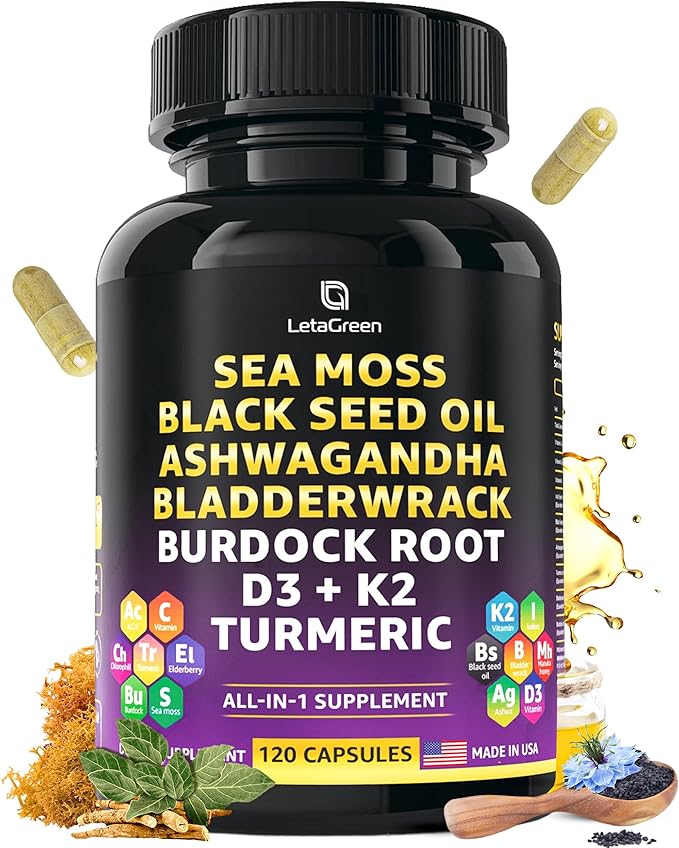 Sea Moss 3000mg Black Seed Oil 2000mg Ashwagandha 1000mg Bladderwrack 1000mg Burdock 1000mg Turmeric 1000mg & D3, K2 K2 with 120 Count