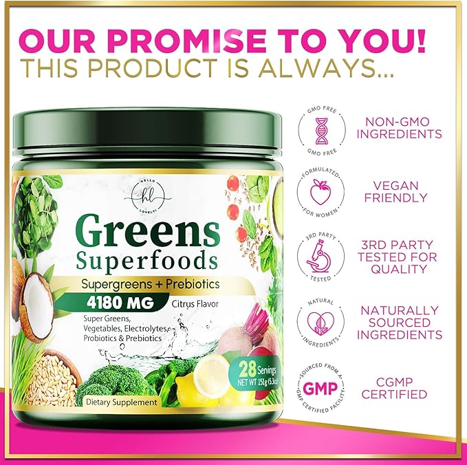 Green Powder Superfood, Organic Super Greens Powder Juice & Smoothie Drink Mix, Gut Health & Bloating Support, Probiotics, Spirulina, Chlorella & Beet Root for Digestive & Energy Support - 28 Servings