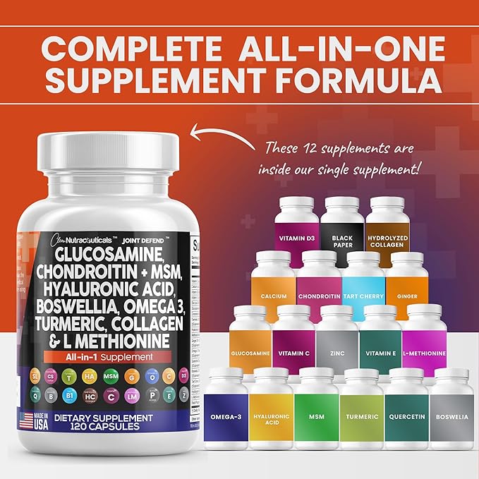 Clean Nutraceuticals Glucosamine Chondroitin MSM Turmeric 3 Pills 120 Count