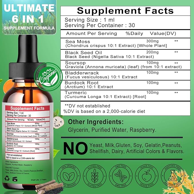 Sea Moss Black Seed Oil Soursop Liquid Drops with Bladderwrack Burdock Root Turmeric - Multimineral & Vitamins Superfood Drops Organic Non-GMO for Immune & Digestive & Cell Support Skin Hair