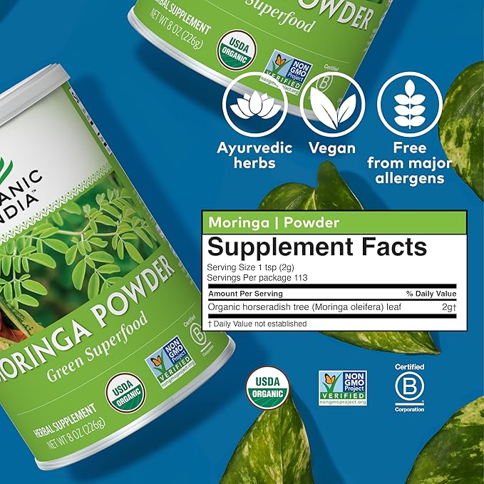 ORGANIC INDIA Moringa Powder - Moringa Oleifera Leaf Herbal Supplement, Green Superfood, Nutrient Dense, Pure Plant Protein, Vitamin A, E, K, Iron, Calcium, Fiber, Vegan, USDA Certified Organic - 8 oz