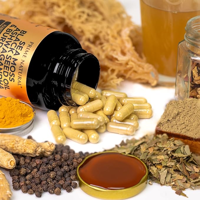 Sea Moss 3000mg Black Seed Oil 2000mg Ashwagandha 1000mg Turmeric 1000mg Bladderwrack 1000mg Burdock 1000mg Manuka 120 Capsules 60 days