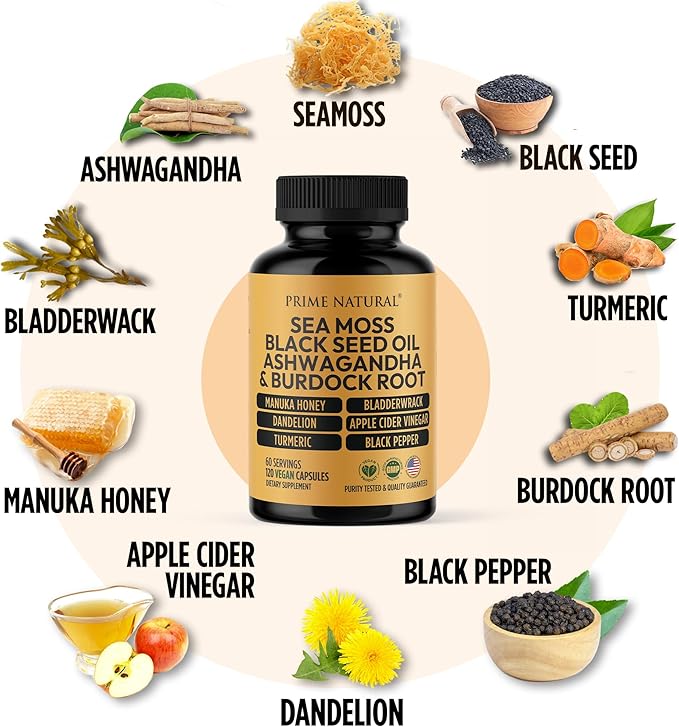 Sea Moss 3000mg Black Seed Oil 2000mg Ashwagandha 1000mg Turmeric 1000mg Bladderwrack 1000mg Burdock 1000mg Manuka 120 Capsules 60 days