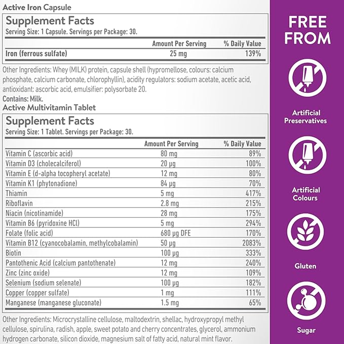 Active Iron Supplement for Women, Non-Constipating, 30 Active Iron Ferrous Sulphate Capsules with 30 Women's Multivitamin Tablets, Clinically Proven to Increase Iron & Energy Levels