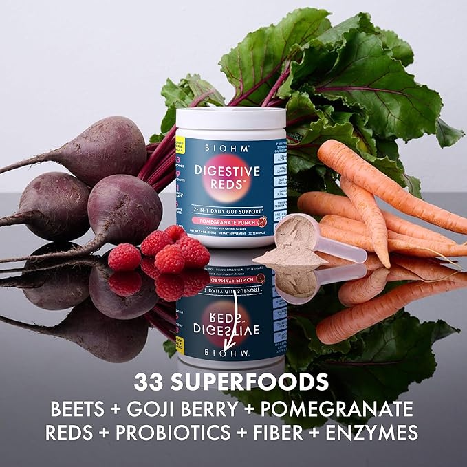 BIOHM Digestive Reds, Superfood Powder, Antioxidants, Vitamins, Probiotics, Digestive Health for Women and Men with Enzymes, Beets, Goji, Pomegrante, Red Berry Flavor (30 Servings)