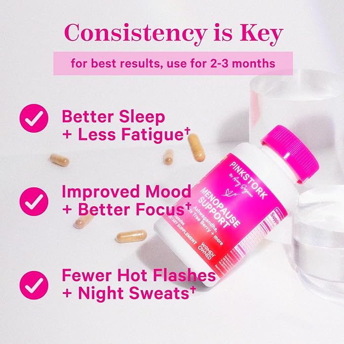 Pink Stork Menopause Supplements for Women - 9 Clinically-Studied Herbs for Perimenopause, Hot Flashes, and Hormone Balance - Ashwagandha, Vitex, Maca Root, Black Cohosh - 60 Capsules