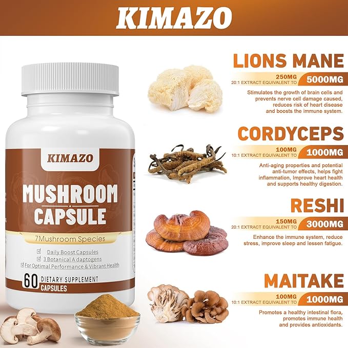 KIMAZO Lions Mane Supplement, Focus & 7 Different 100% Fruiting Mycelium(20 Days 60 Count)