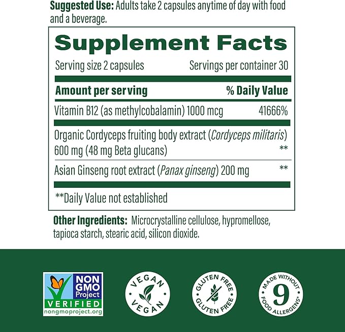MegaFood Superfood Mushroom Energy Support B12 Vitamins 60 Capsules, 30 Servings