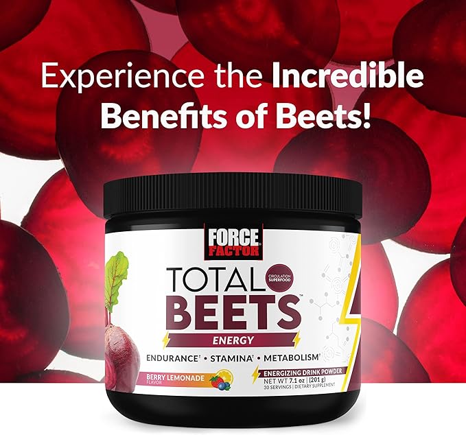 Force Factor Total Beets Energy Drink Mix, Superfood Beet Root Powder with Nitrates to Boost Energy and Support Circulation, Blood Flow, Nitric Oxide and Stamina, Heart Health Supplement, 30 Servings