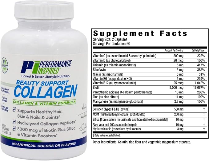 Performance Inspired Nutrition Collagen Joint/Skin/Nails/Beauty Support Capsules 5,000mcg of 120 Ct