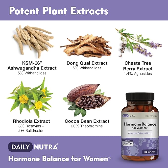 Hormone Balance - Women's Serotonin Supplement - KSM-66 Ashwagandha, Dong Quai, Chaste Tree Berry, Rhodiola, & Cocoa Bean Extracts - for Female Hormones, PMS, Menopause (60 Capsules)