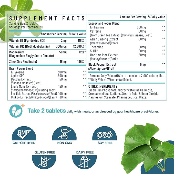 17-in-1 Brain Supplement for Memory and Focus | Nootropic Brain Supplement for Mental Clarity, Concentration, Alertness | Natural Nootropics with Herbal Extracts, Vitamins & Amino Acids (120 Tablets)