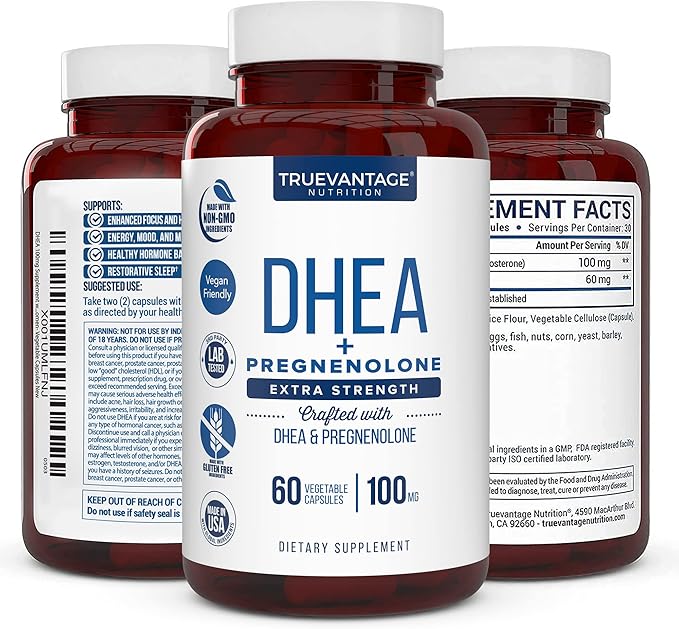 DHEA 100mg Supplement with Pregnenolone 60mg -Supports Hormone Balance, Lean Muscle Mass, Energy, Mood, Sleep, and Healthy Aging in Men and Women- Vegetable Capsules