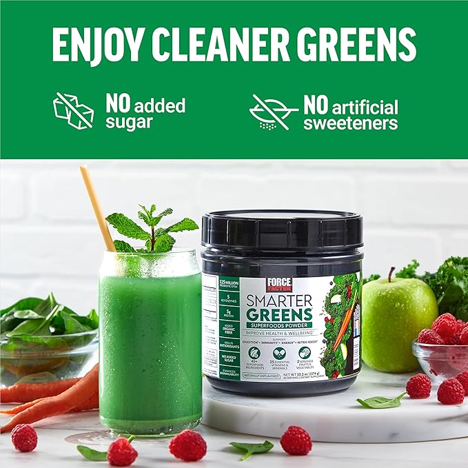 FORCE FACTOR Smarter Greens Superfoods Powder, 2-Pack, Supports Digestion and Bloating, Immunity, and Energy, Greens Powder with Probiotics, Digestive Enzymes, Antioxidants, and Fiber, 60 Servings