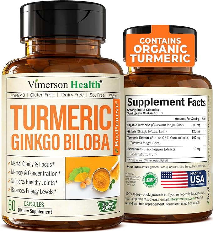 Turmeric Curcumin & Ginkgo Biloba Supplements 60 Capsules