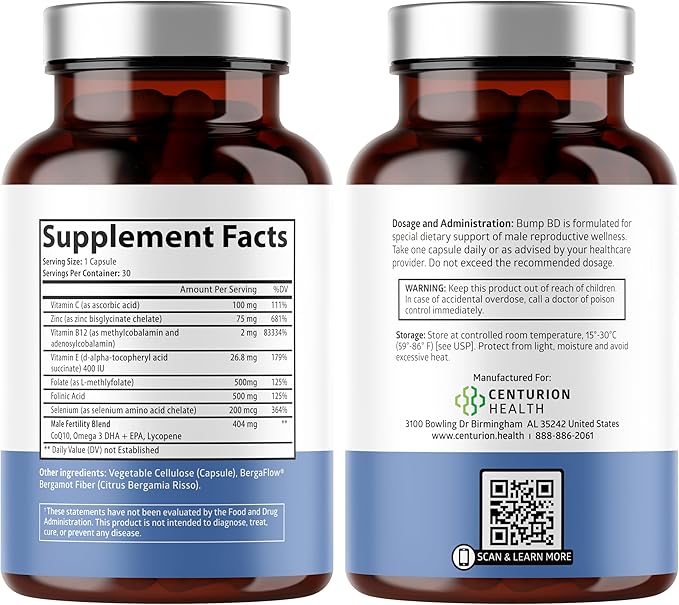 Bump BD, Natural Fertility Supplement for Men, Male Prenatal Vitamins with Selenium, CoQ10, L-Methylfolate, Folinic Acid, DHA + EPA to Support Hormonal Balance & Motility, 30 Caps